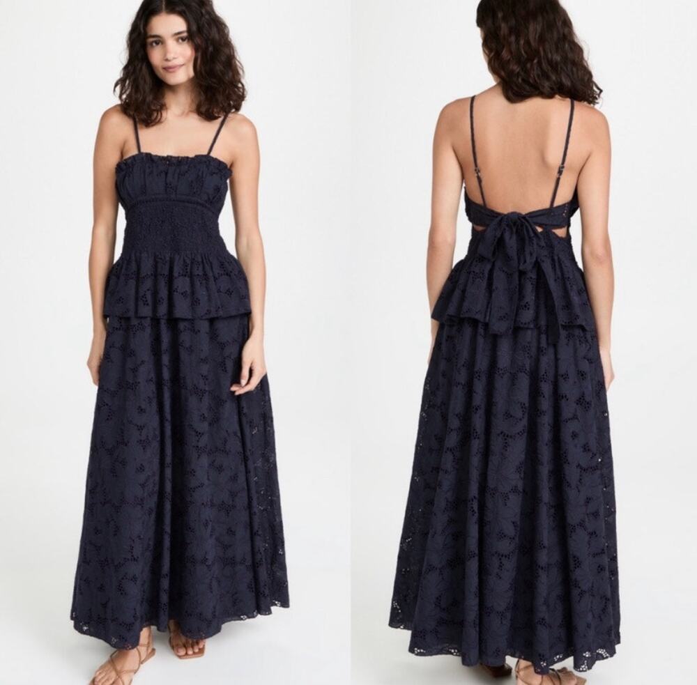 Lug Von Siga Navy Blue Eyelet Floral Tie Back Maxi Dress Smocked EUC EU 38